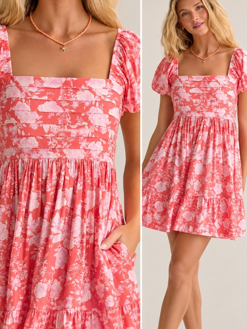 Altar'd State Coral & Blush Floral Square-Neck Mini Dress